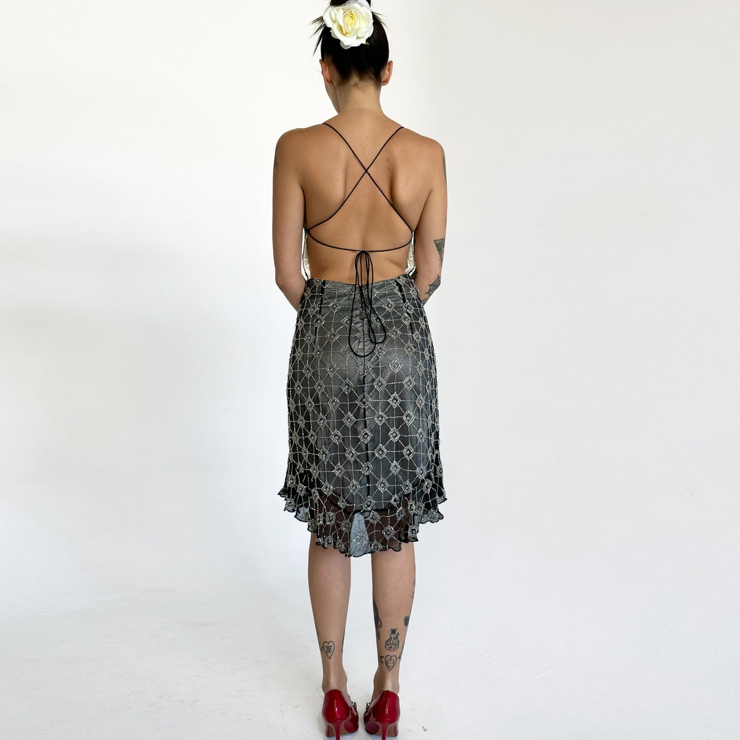 Beaded Silk Lace Up Backless Mini Dress