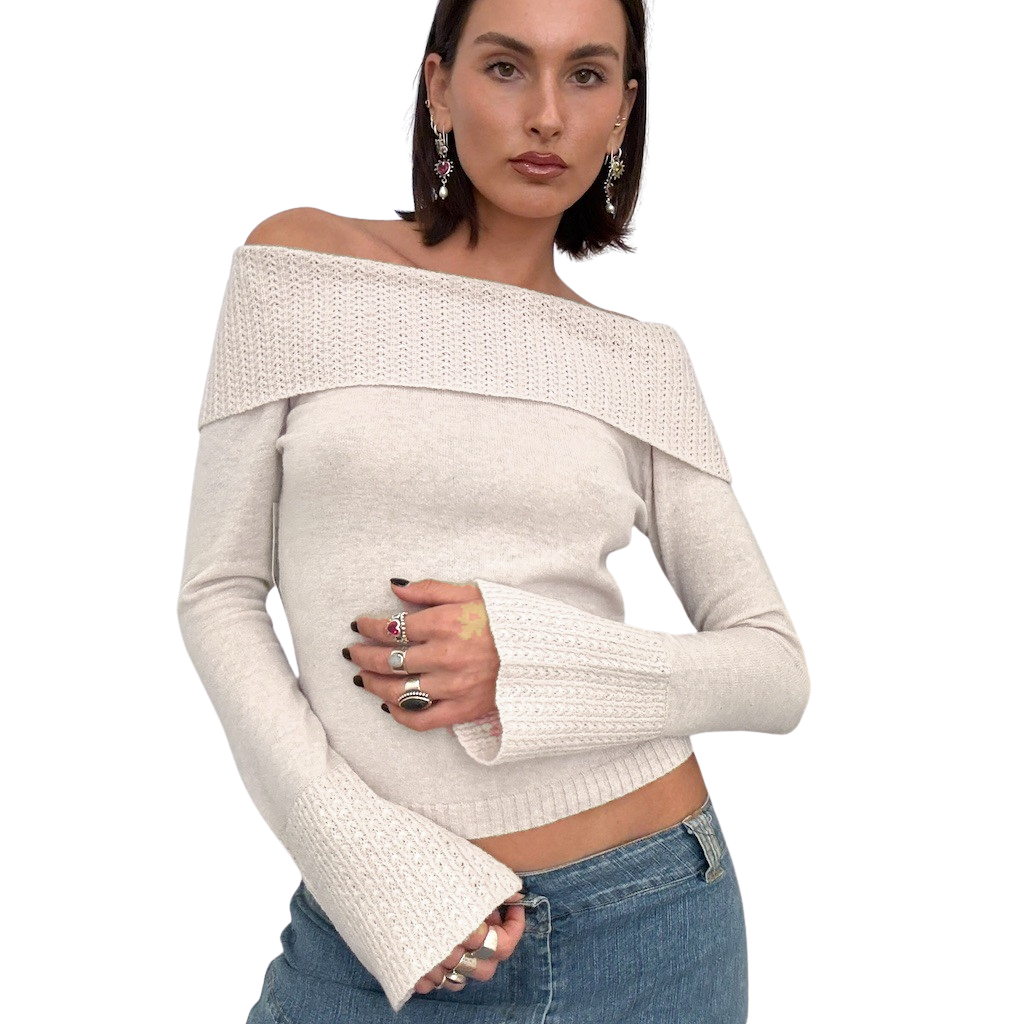 Off White Wool Off The Shoulder Knit Sweater