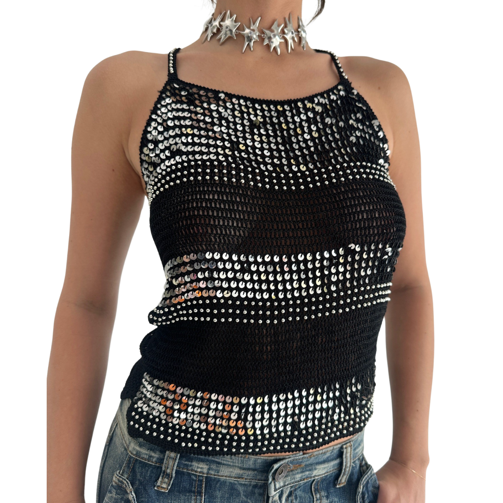 Black Knitted & Silver Sequin Cami