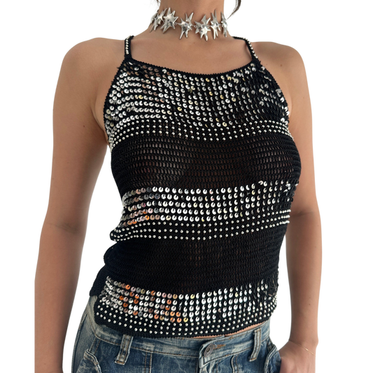 Black Knitted & Silver Sequin Cami