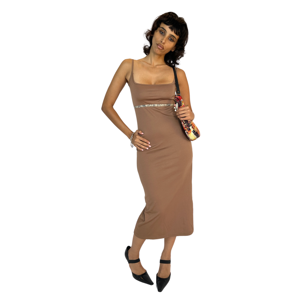 Tan Midi Dress With Snake Stripe Detailing