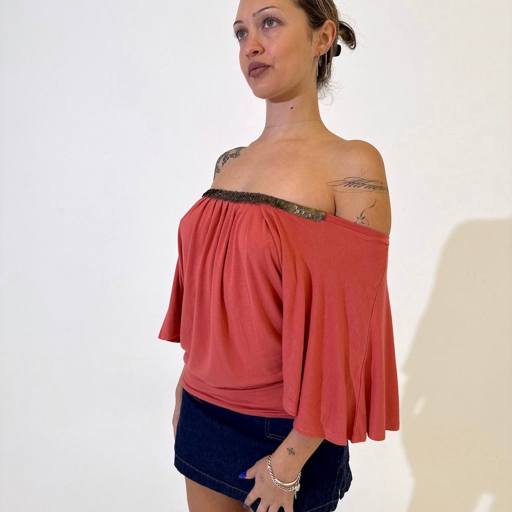 Coral Batwing Bronze Sequin Trim