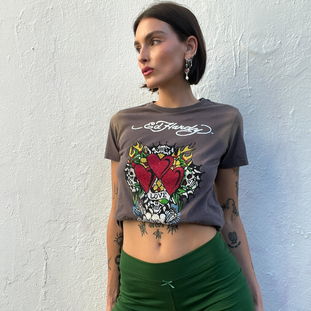 Ed Hardy Triple Heart Diamonte Tee