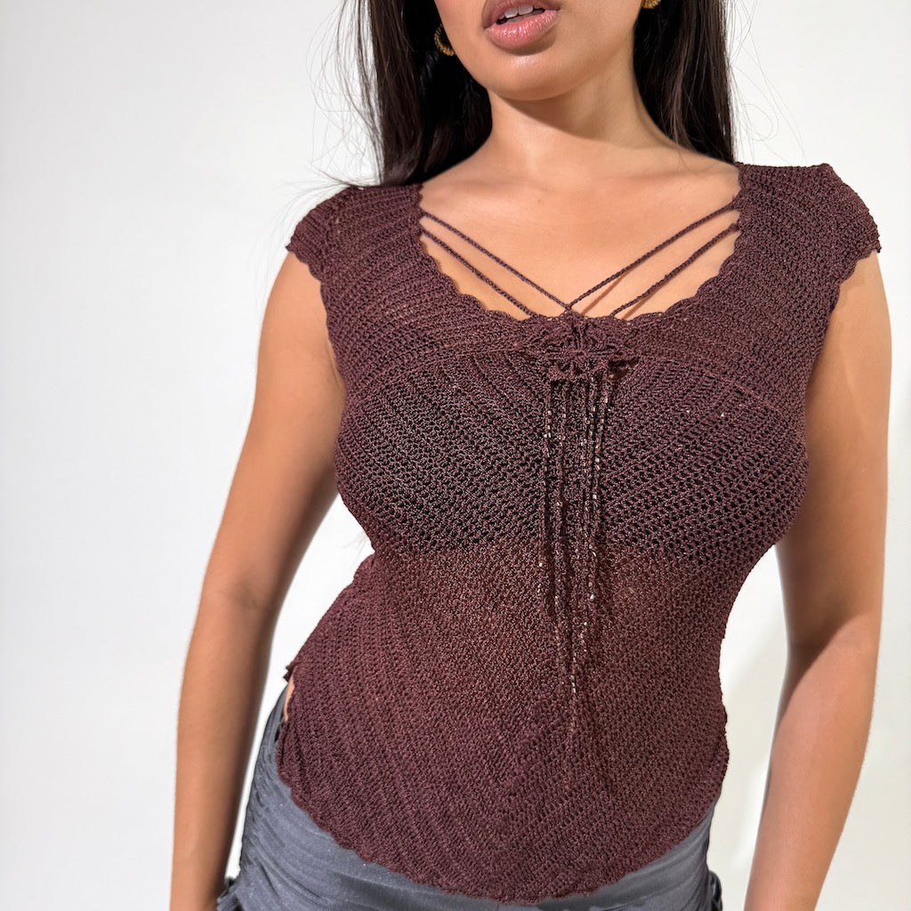 Brown Crochet Top with Flower