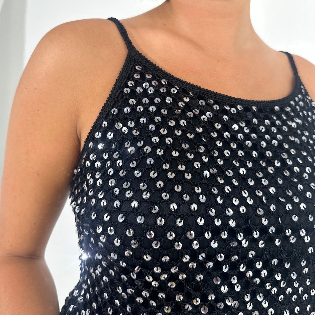 Silver Sequin & Black Knit Sparkle Cami
