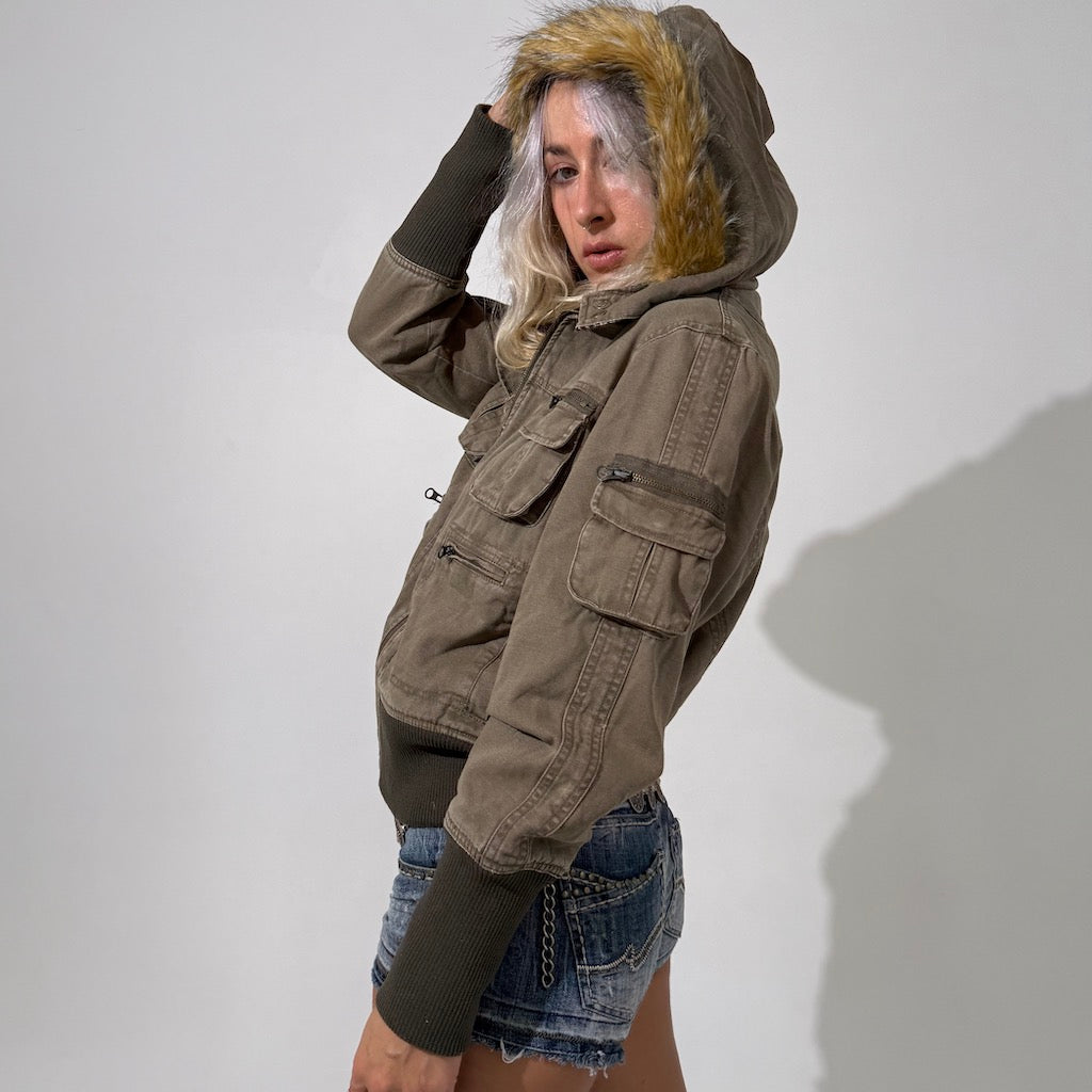 Cargo Khaki Zip Cropped Jacket