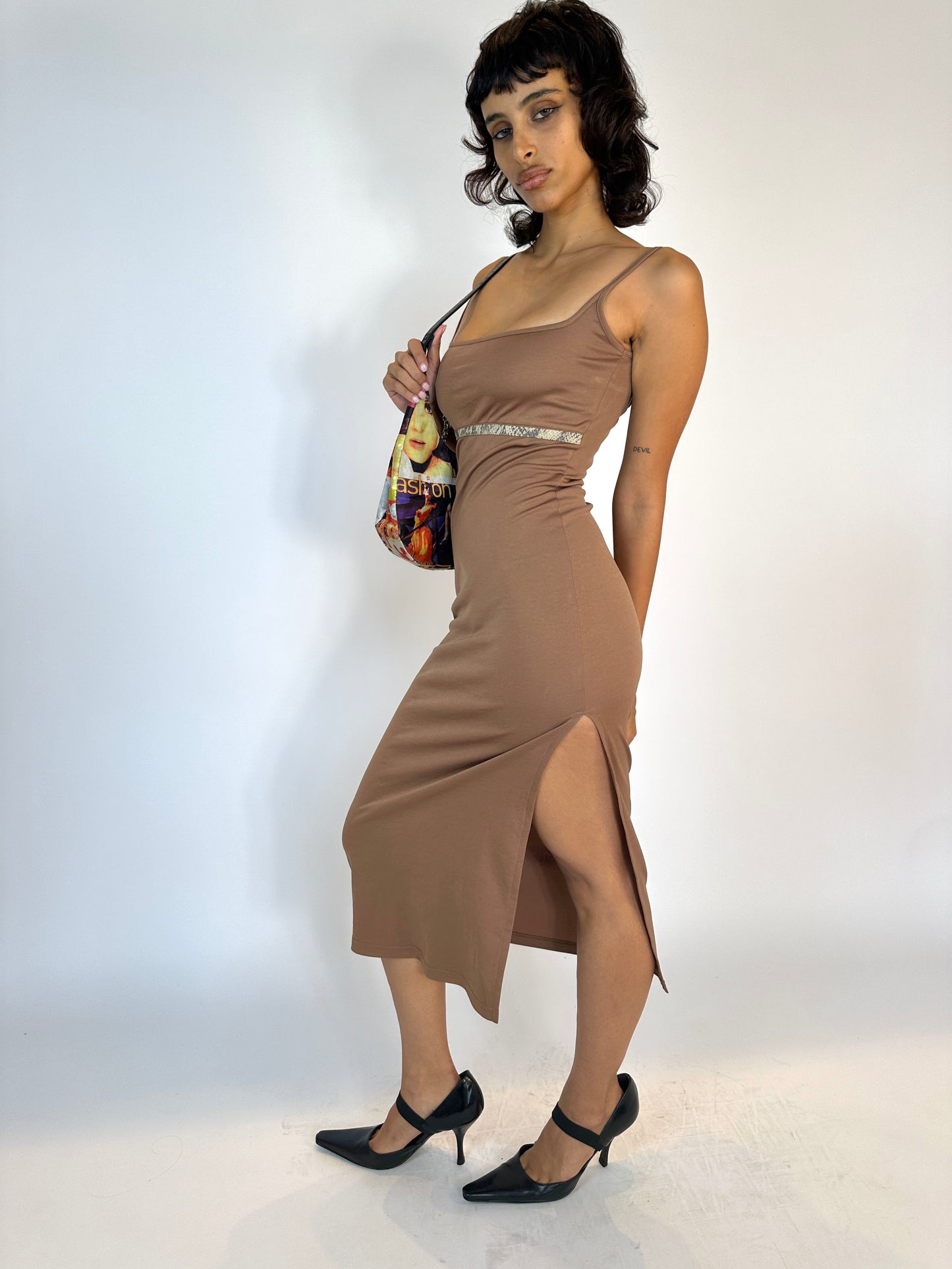 Tan Midi Dress With Snake Stripe Detailing