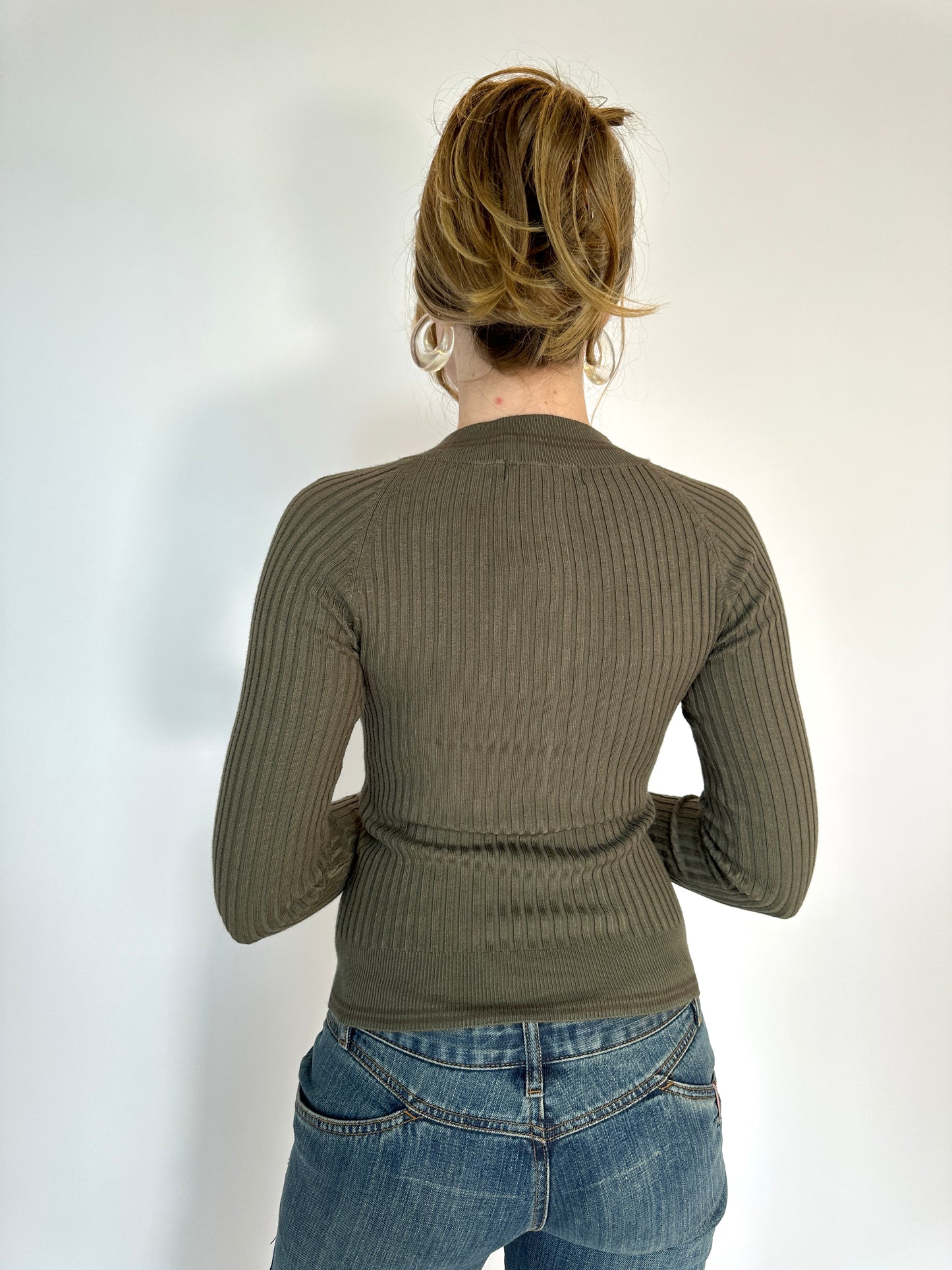 Ribbed Knit Khaki Double Zip Cardigan