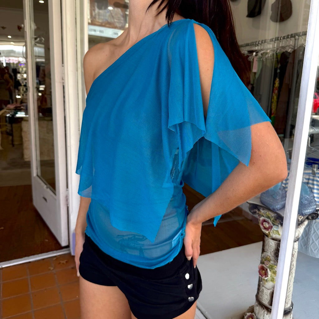 Silk Mesh Draped Top - Electric Blue