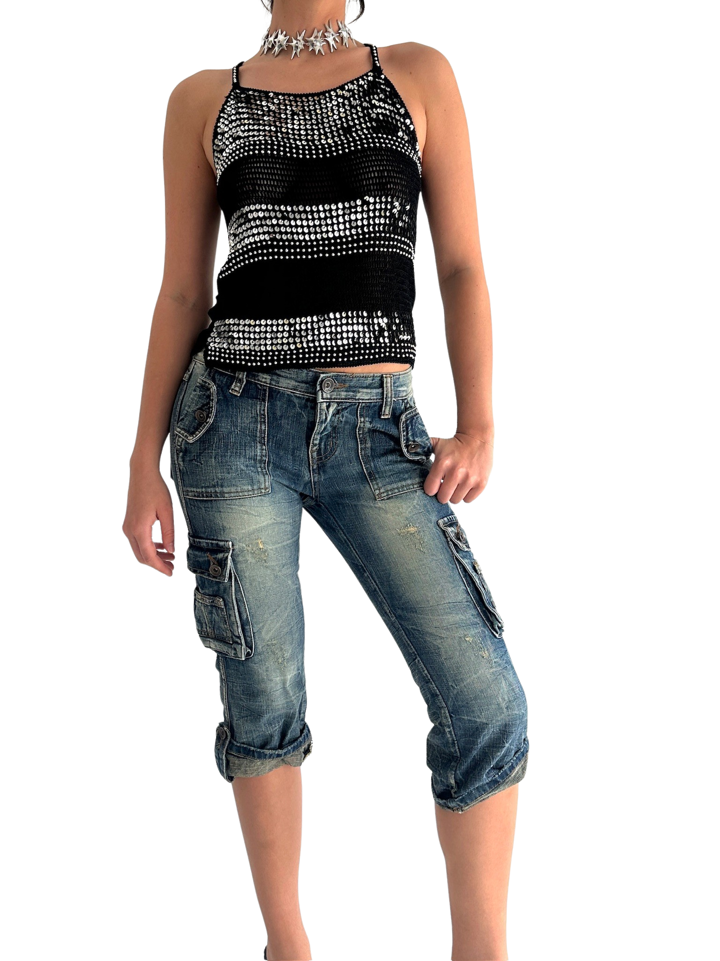 Black Knitted & Silver Sequin Cami