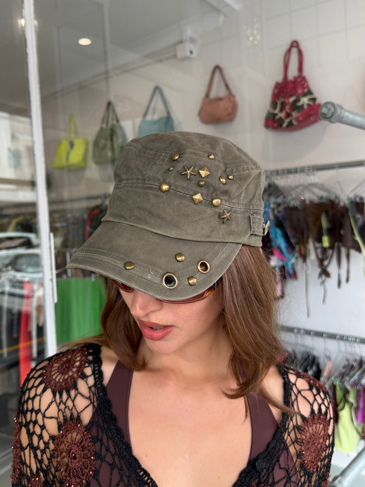 Studded Military Hat Cap - Khaki