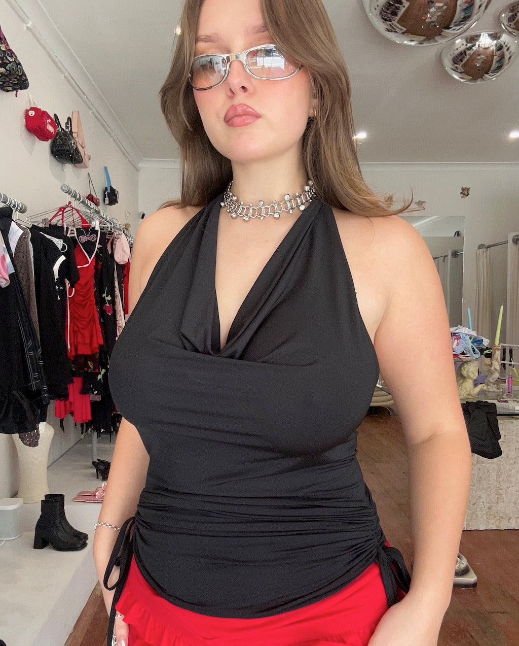 Black Cowl Neck Halter with Low Back