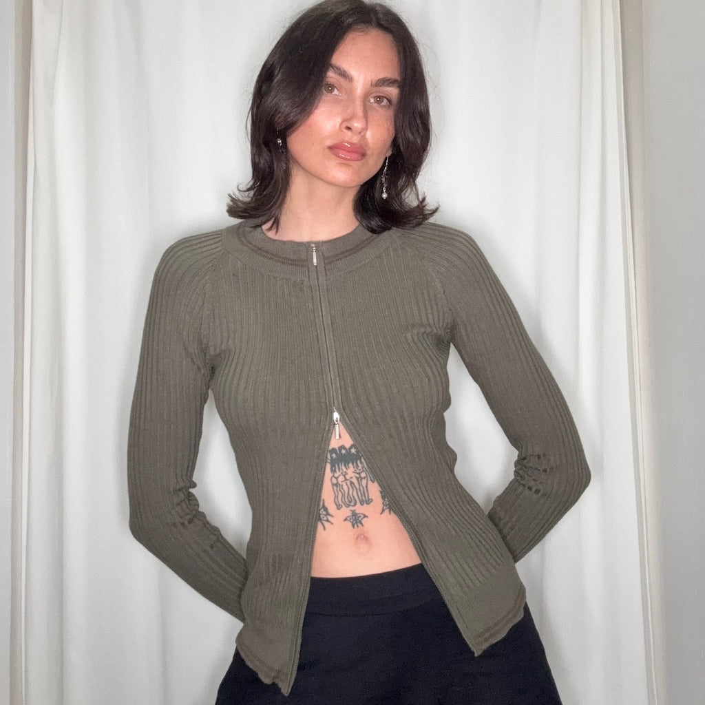Ribbed Knit Khaki Double Zip Cardigan