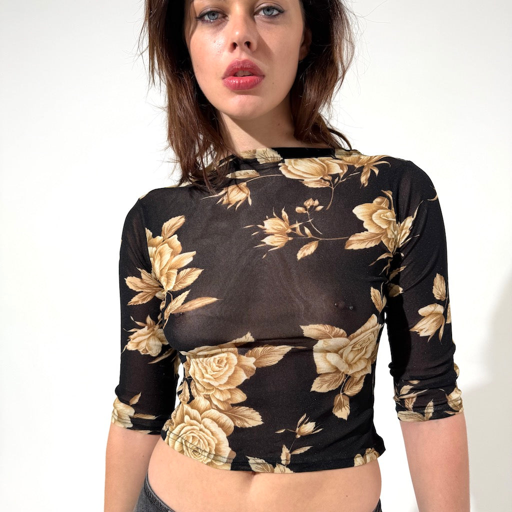 Morgan De Toi Floral Cropped Mesh Top