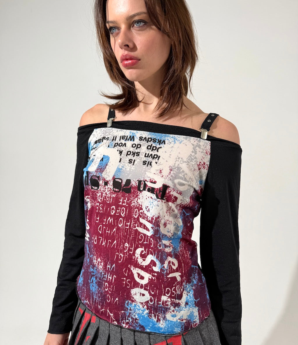 Off Shoulder Graffiti Graphic Long Sleeve