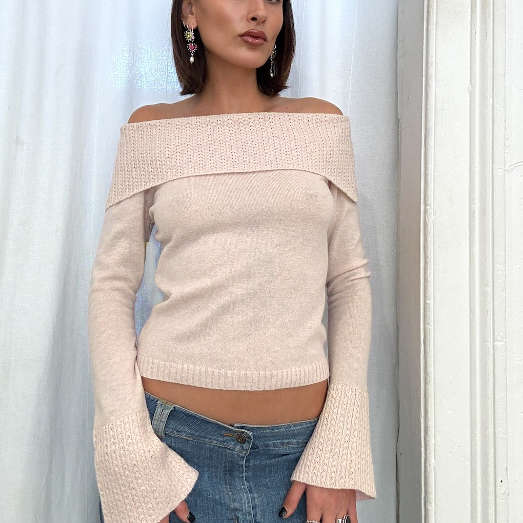 Oatmeal Wool Off The Shoulder Knit Sweater