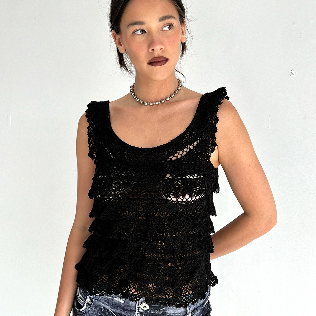 Vintage Black Crochet Layered Top