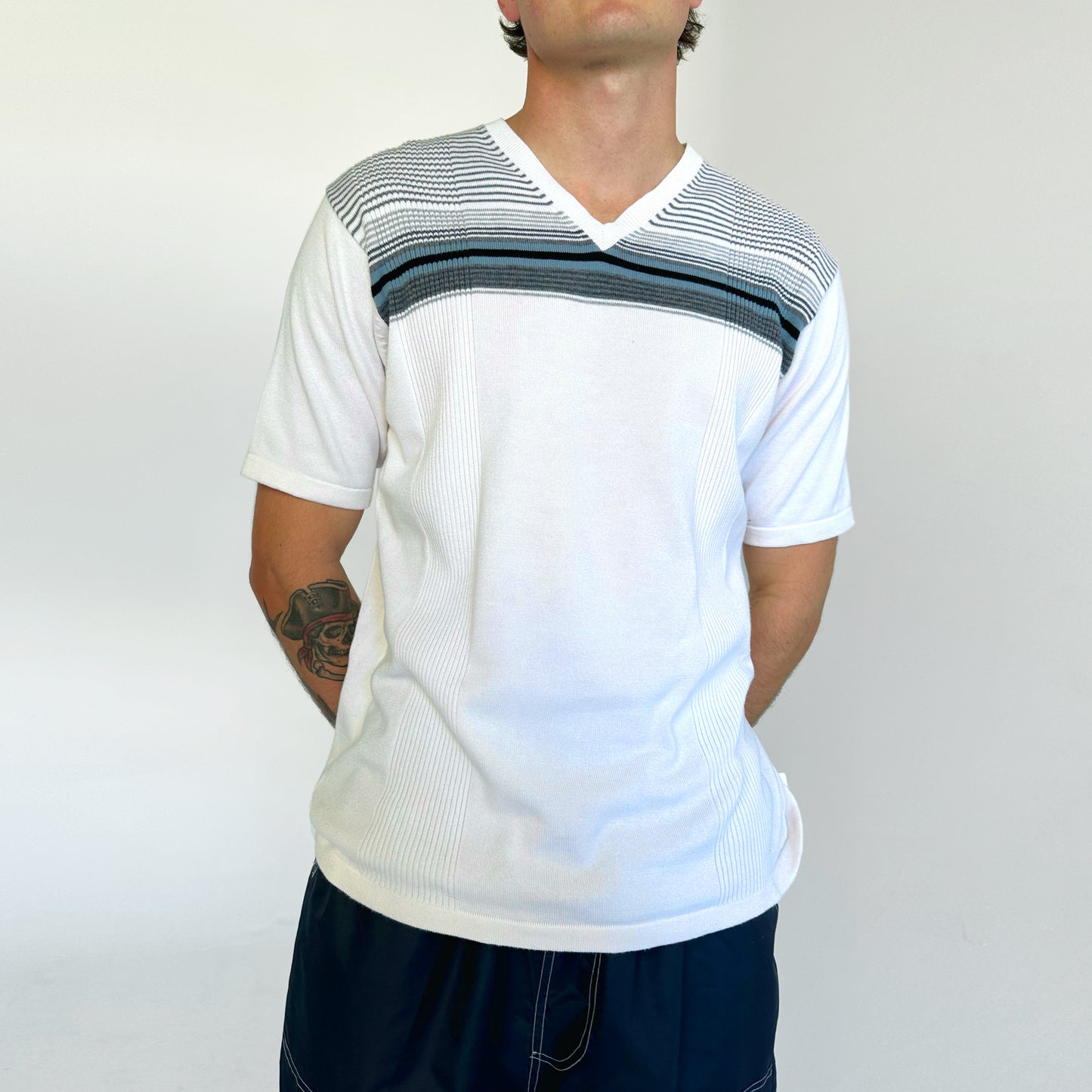 White Knitted V-Neck Tee
