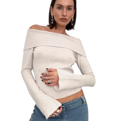 Off White Wool Off The Shoulder Knit Sweater