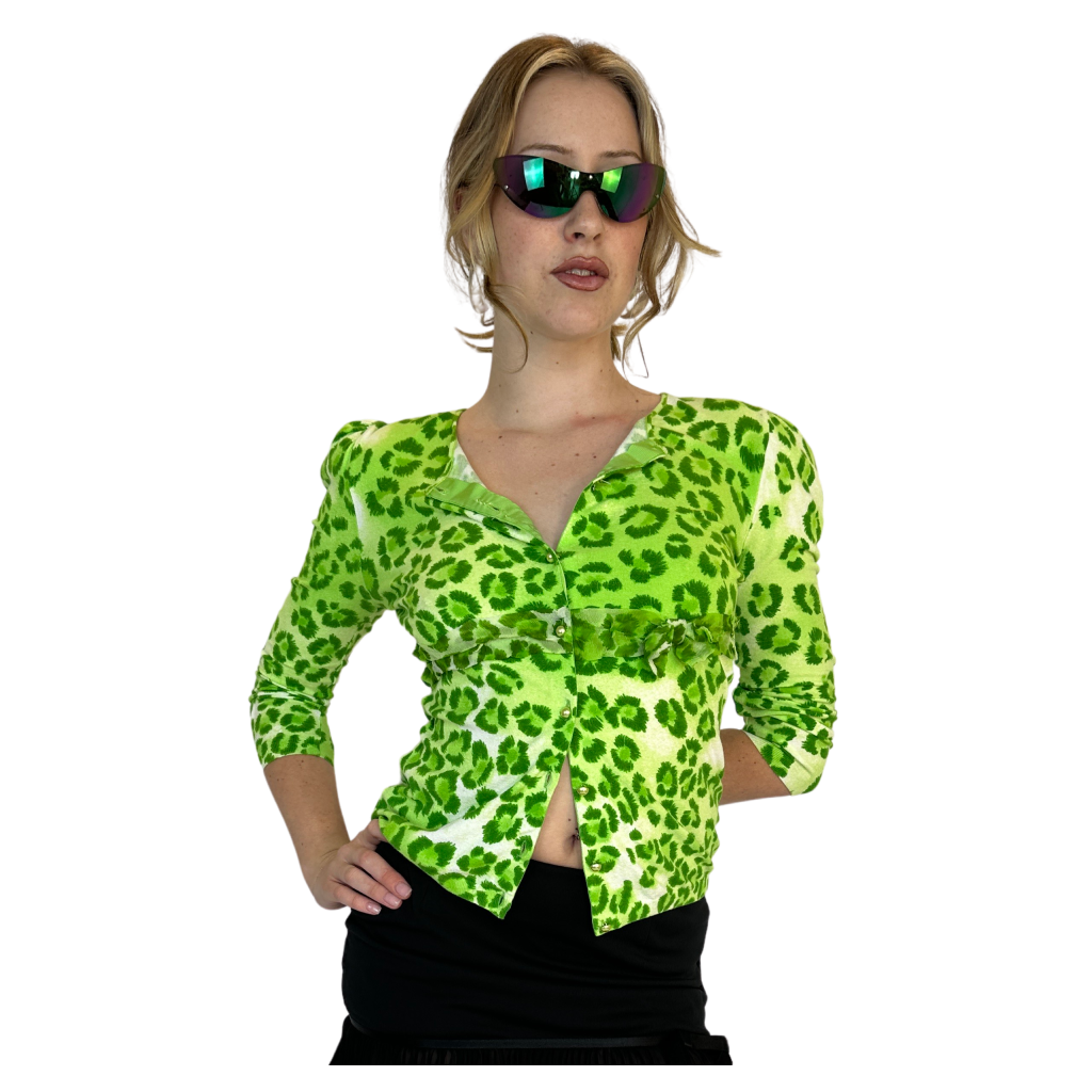 Blumarine Green Leopard Print Cardigan