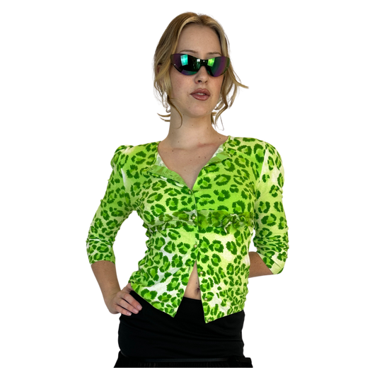 Blumarine Green Leopard Print Cardigan