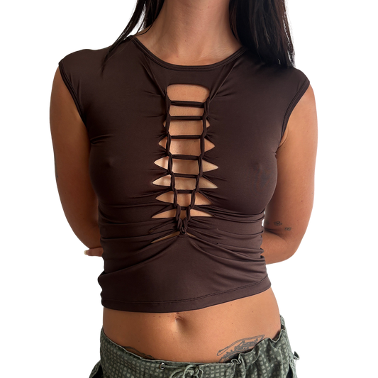 Cut-Work Reversible Scoop Tee - Choc