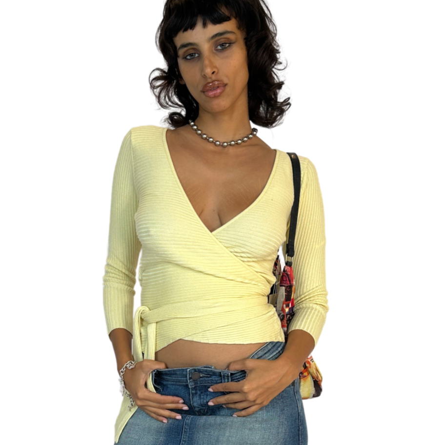 Butter Yellow Ribbed Wrap Knit Top