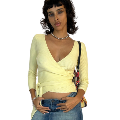 Butter Yellow Ribbed Wrap Knit Top