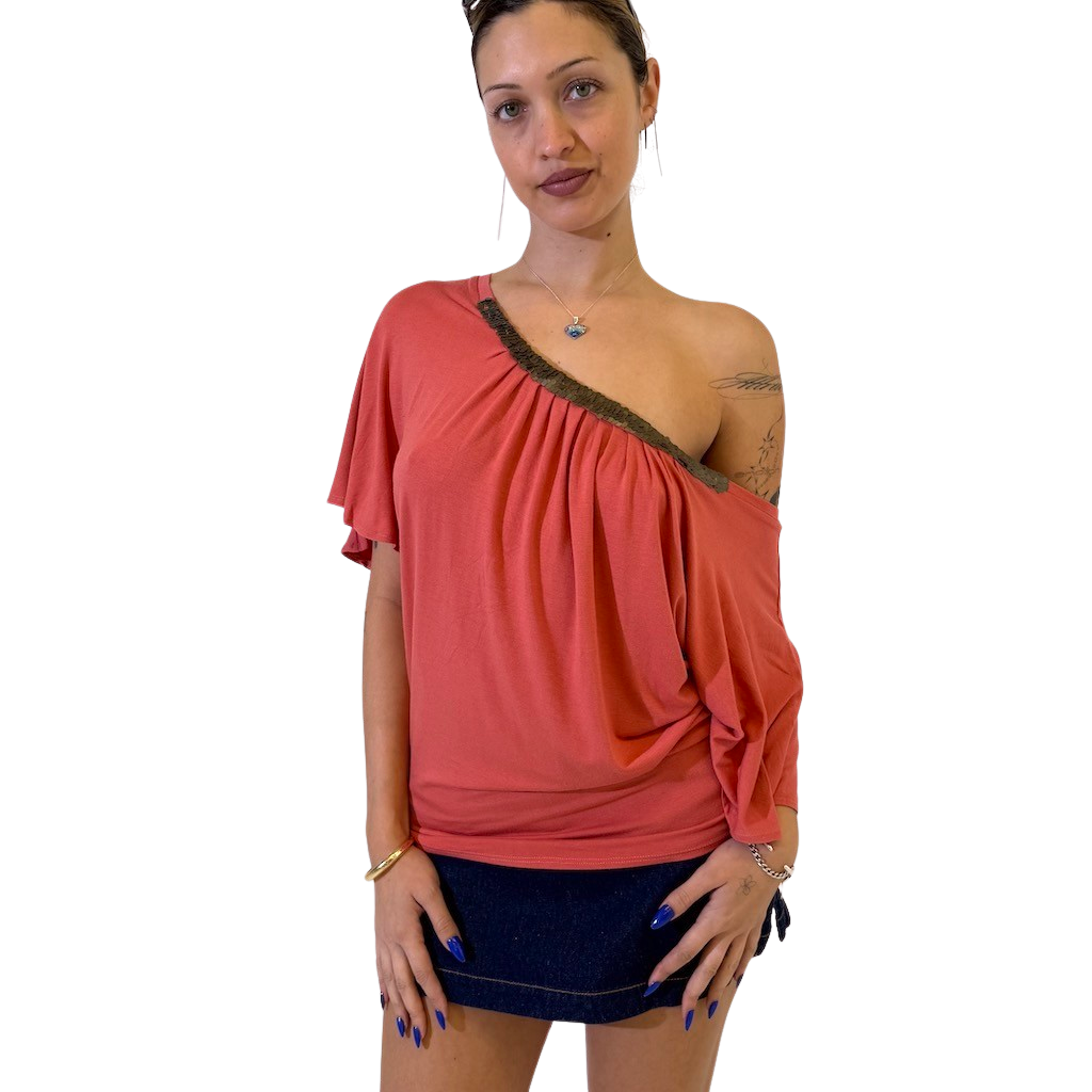 Coral Batwing Bronze Sequin Trim