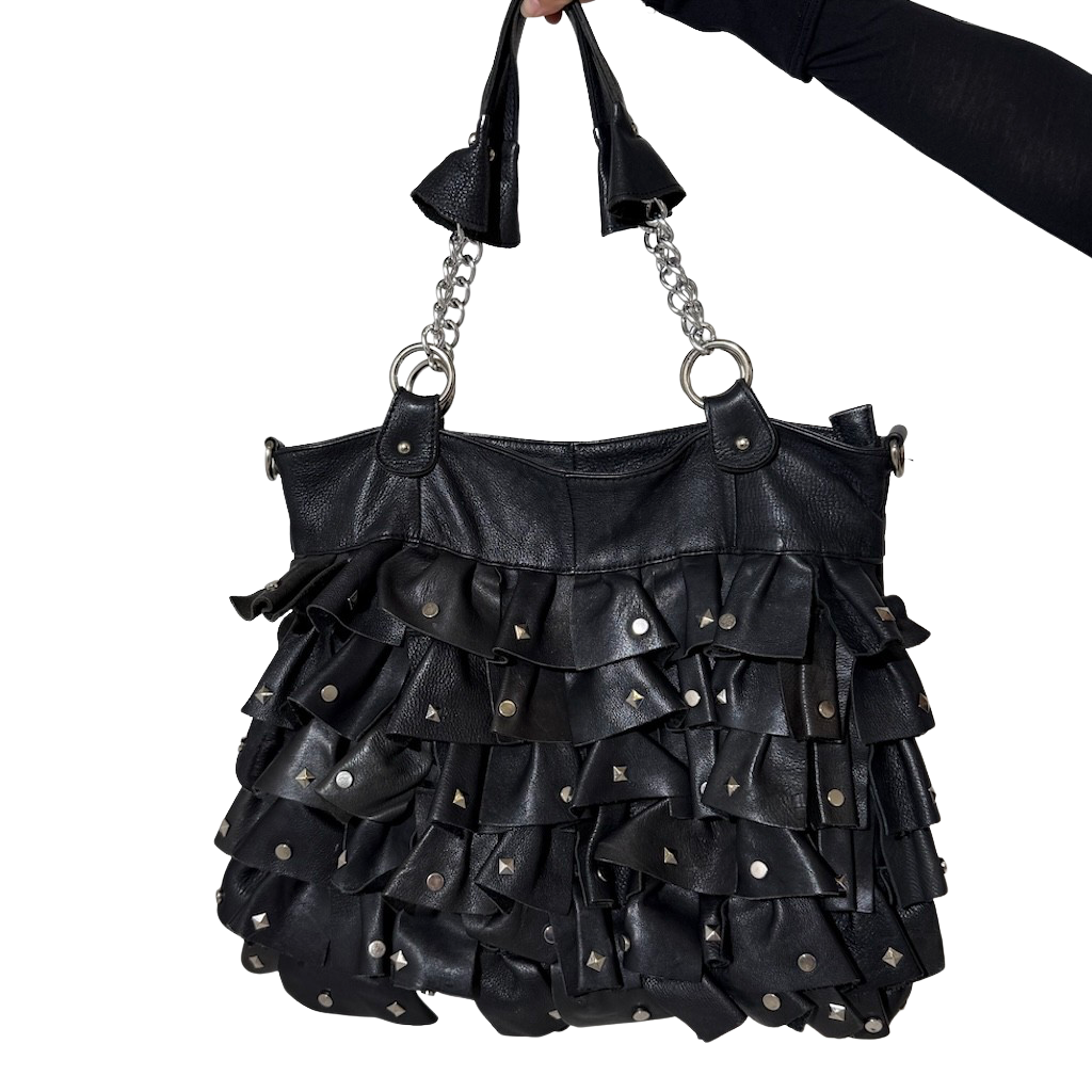 Vintage Leather Studded Ruffle Bag