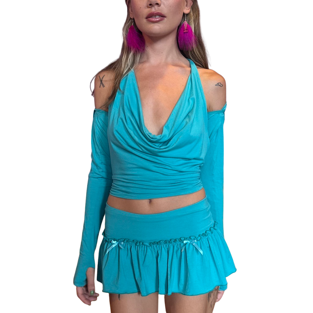 Aqua Cowl Neck Halter Top