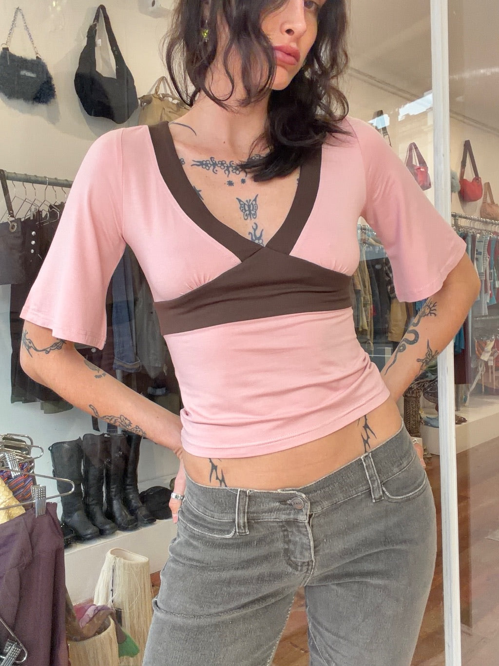 Deep Vee Top - Pink Choc