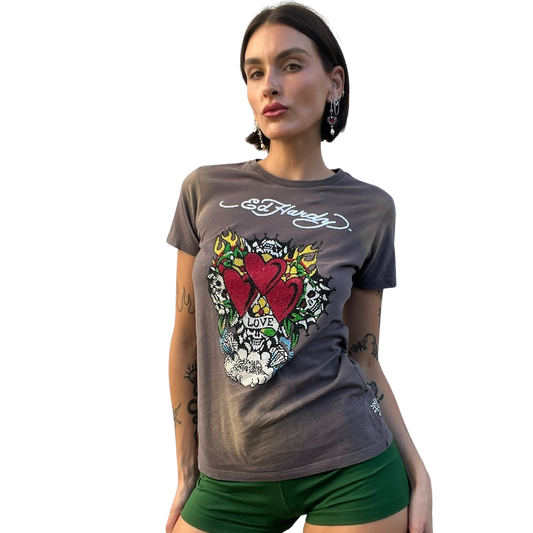 Ed Hardy Triple Heart Diamonte Tee