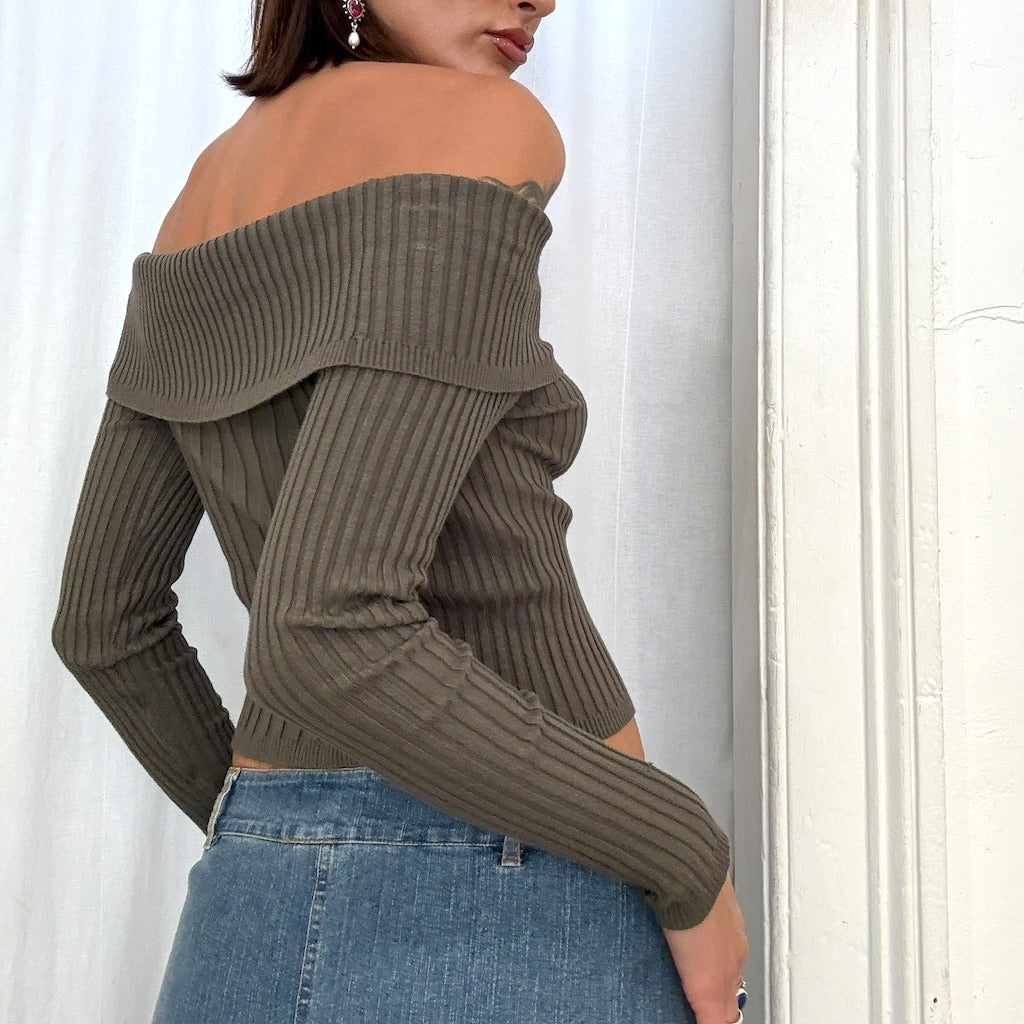 Khaki Off The Shoulder Rib Knit Sweater