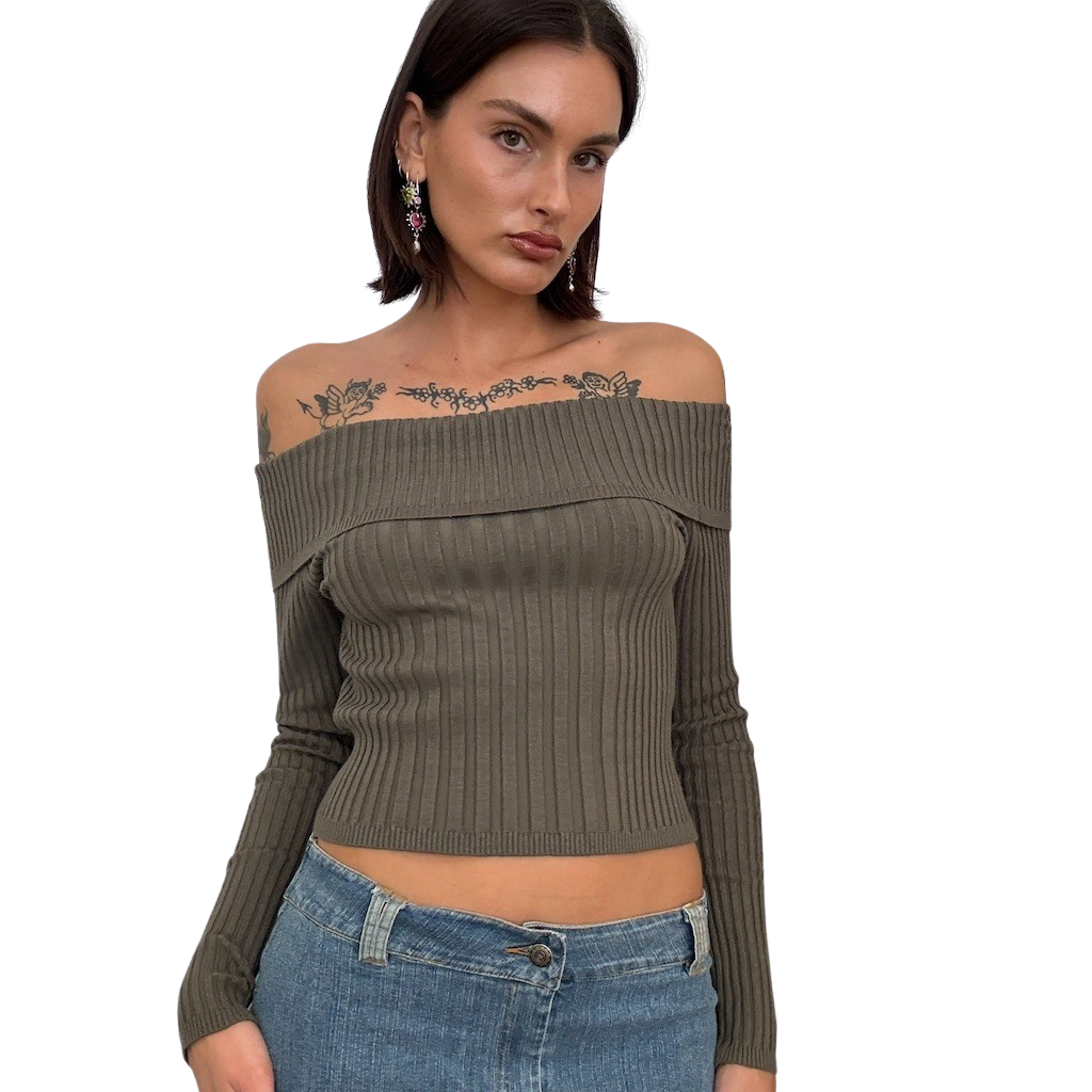 Khaki Off The Shoulder Rib Knit Sweater