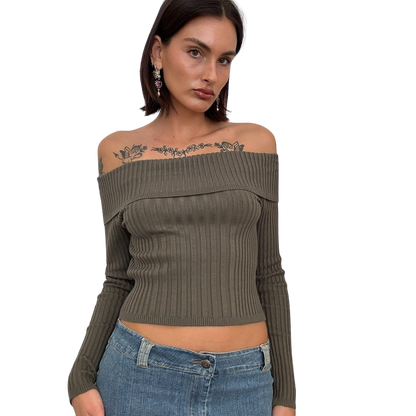Khaki Off The Shoulder Rib Knit Sweater