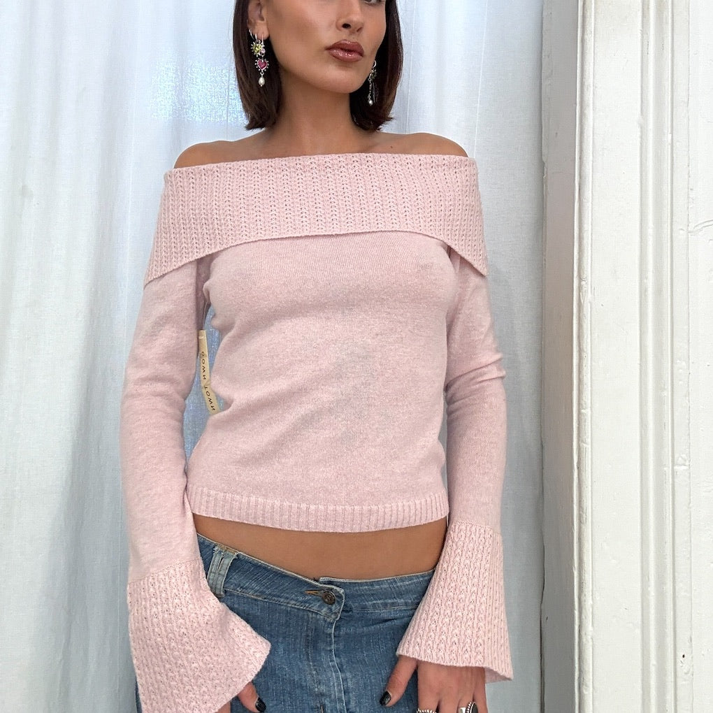 Baby Pink Wool Off The Shoulder Knit Sweater