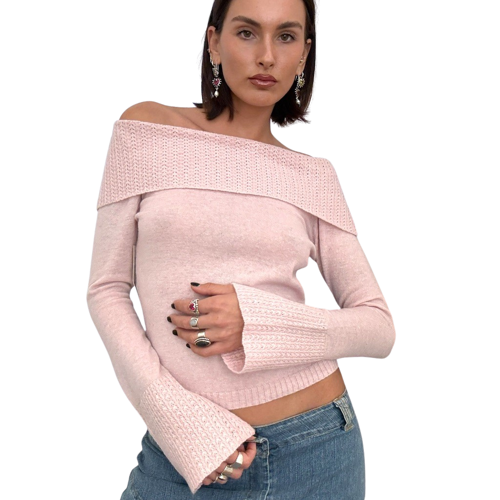 Baby Pink Wool Off The Shoulder Knit Sweater
