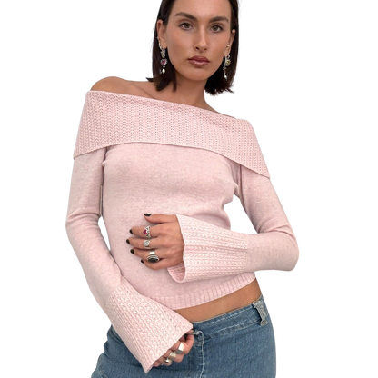 Baby Pink Wool Off The Shoulder Knit Sweater