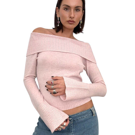 Baby Pink Wool Off The Shoulder Knit Sweater