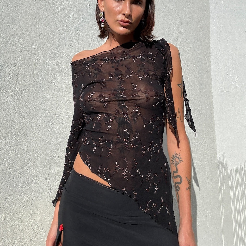 One Sleeve Mesh Asymmetric Top