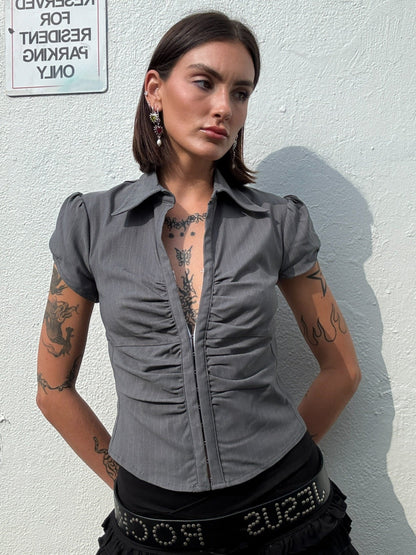 The Cap Sleeve Lindsay Shirt - Grey Pinstripe