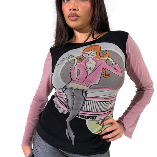 Pop Art Fashion Girl Mesh Net Long Top