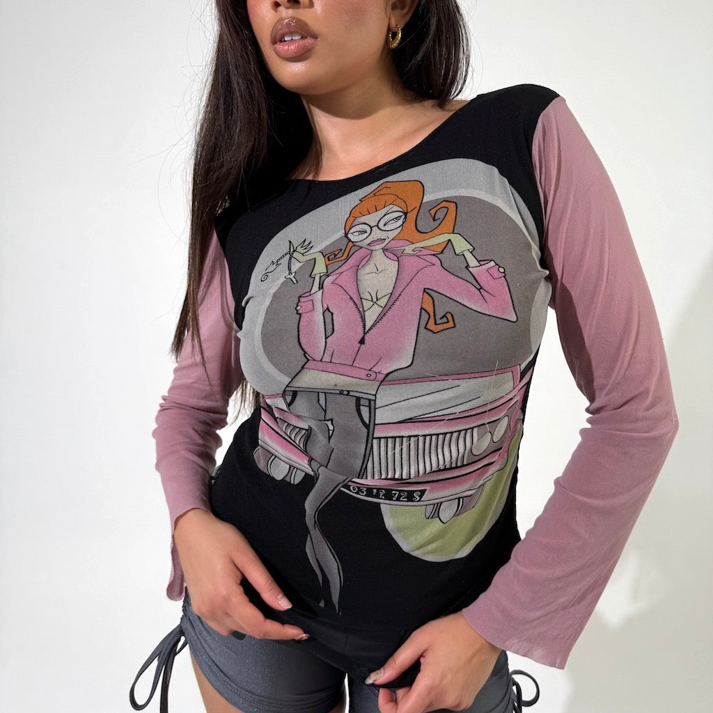 Pop Art Fashion Girl Mesh Net Long Top