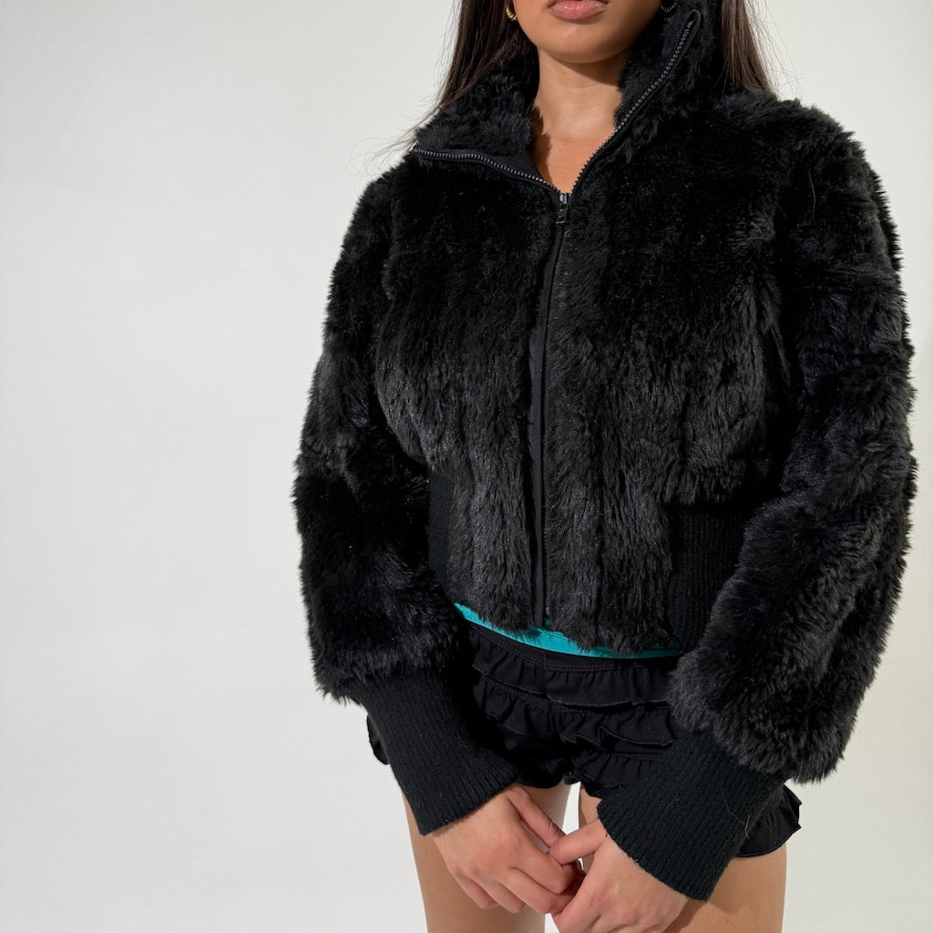 Black Cropped Faux Fur Jacket