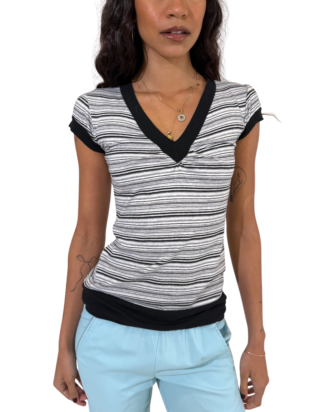 Stripe V Neck Long Line Tee