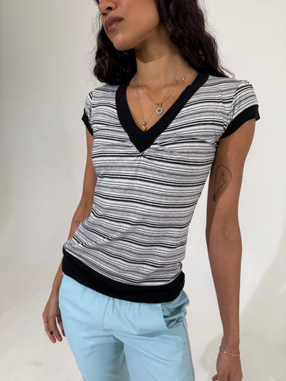 Stripe V Neck Long Line Tee