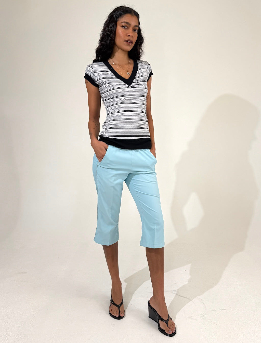 Stripe V Neck Long Line Tee