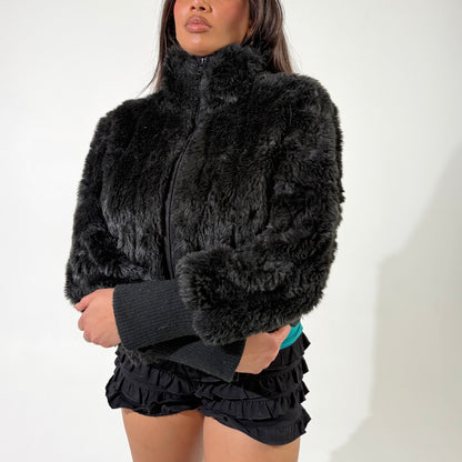 Black Cropped Faux Fur Jacket
