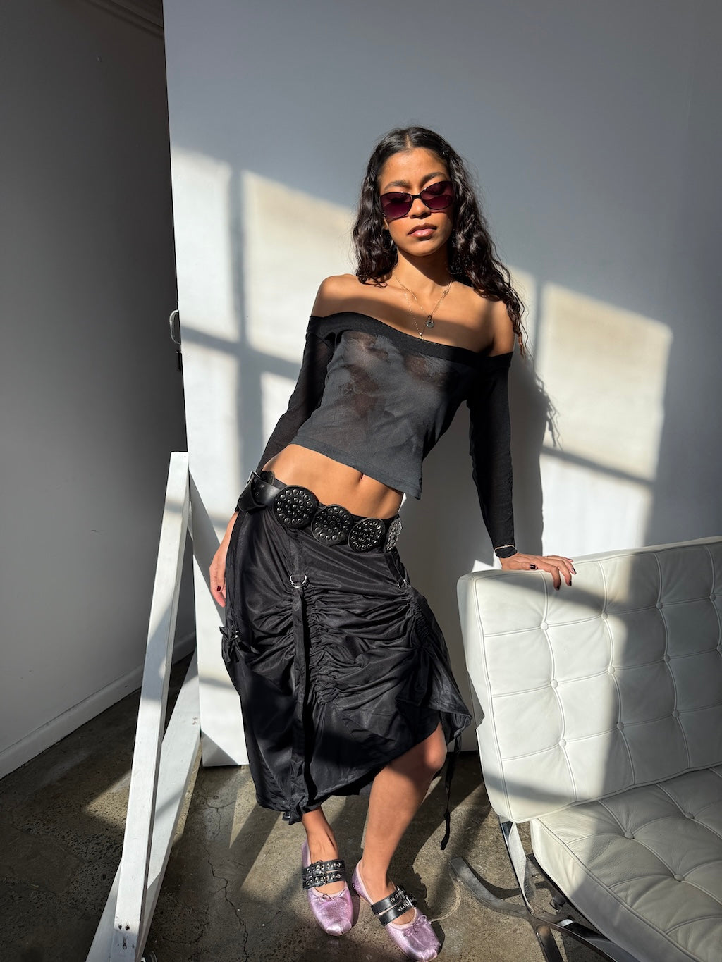 Graphic Mesh Off shoulder Top